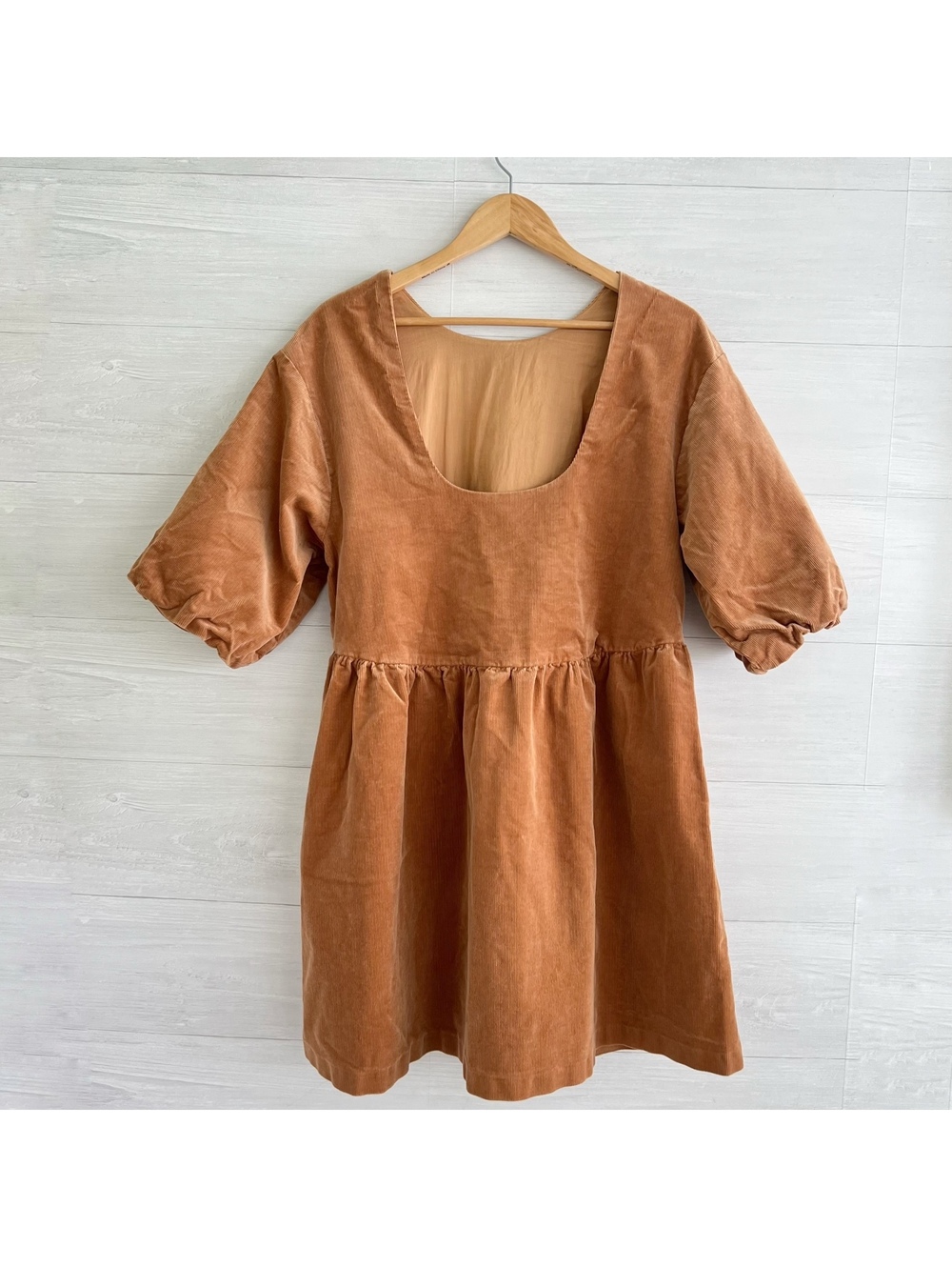 Everlane Camel Corduroy Mini Dress Puff Sleeve Scoop Back Pockets Women’s L - Picture 4 of 8